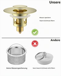 Univerzálna vyskakovacia (pop-up) umývadlová zátka Hibbent (25-46 mm) so sitkom, mosadz, stláčacia – brúsené zlato 7