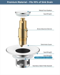 Hibbent Univerzális Lefolyódugó 25-46mm, Réz Nyomógombos Mosogató Dugó, Ezüst Színű Lefolyószűrő Fürdőszoba Konyha 5