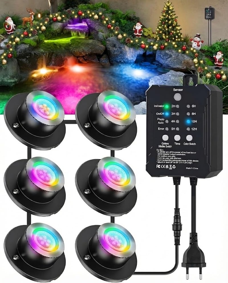 HIBOITEC RGB osvetlenie do jazierka, 3W LED podvodné svetlo s nízkonapäťovým transformátorom, časovačom a fotobunkou, vodotesnosť IP68, pre záhradné jazierka