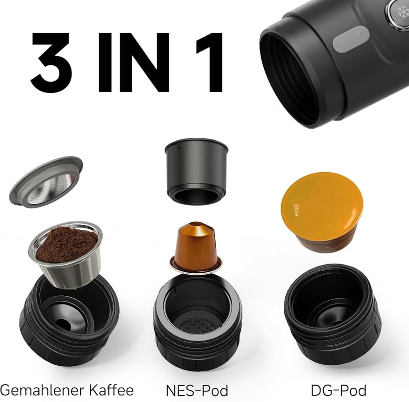 HIBREW H4A 3 az 1-ben Hordozható Kávéfőző Autóba, 12V Eszpresszó Készítő Nes* Kapszulához, DG* és Őrölt Kávéhoz, 60ml, Kempingezéshez, Utazá