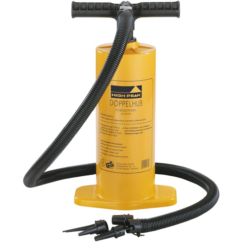Dvojčinná ručná pumpa High Peak 49702 – certifikát TÜV/GS, 4 ventilové nadstavce, extra silná, žltá