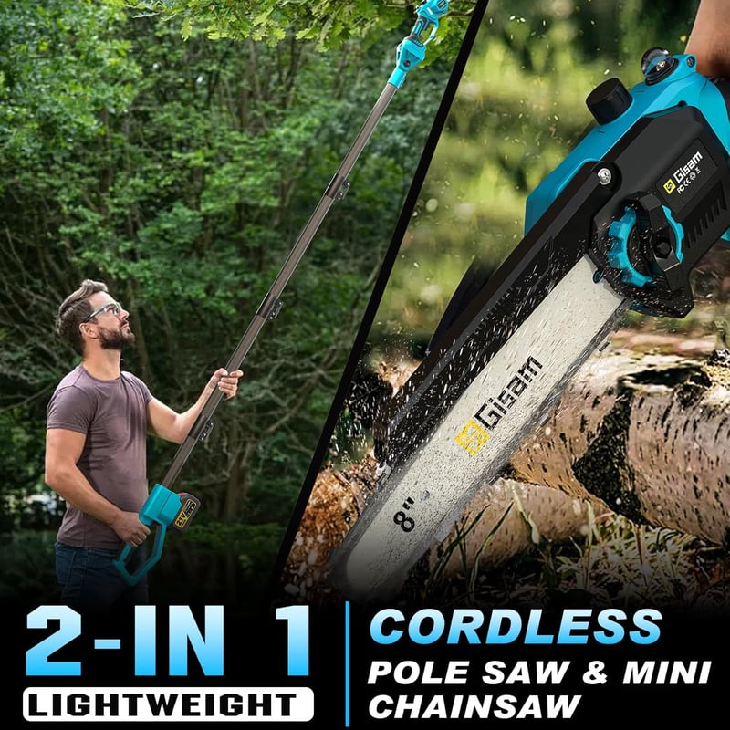 Highsam 2in1 Mini Láncfűrész Teleszkópos Lábbal, 2600W, 8" + 4000mAh Akkumulátor