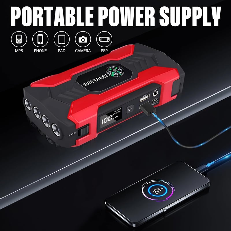 Higoom Autós Bikázó 1500A - Hordozható Akkumulátor Indító 6.0L Benzines/4.0L Dízel Járművekhez, LED Lámpával, Powerbank Funkcióval
