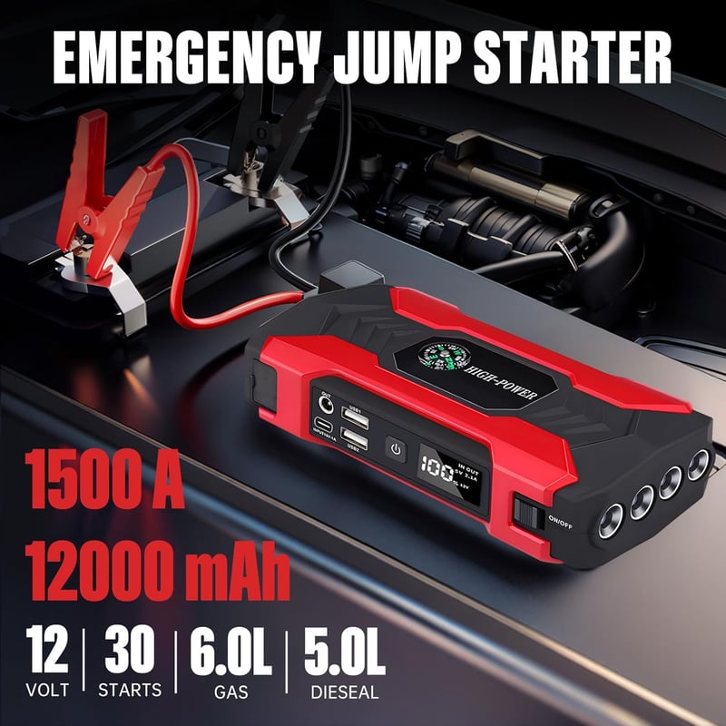 Higoom Autós Bikázó 1500A - Hordozható Akkumulátor Indító 6.0L Benzines/4.0L Dízel Járművekhez, LED Lámpával, Powerbank Funkcióval