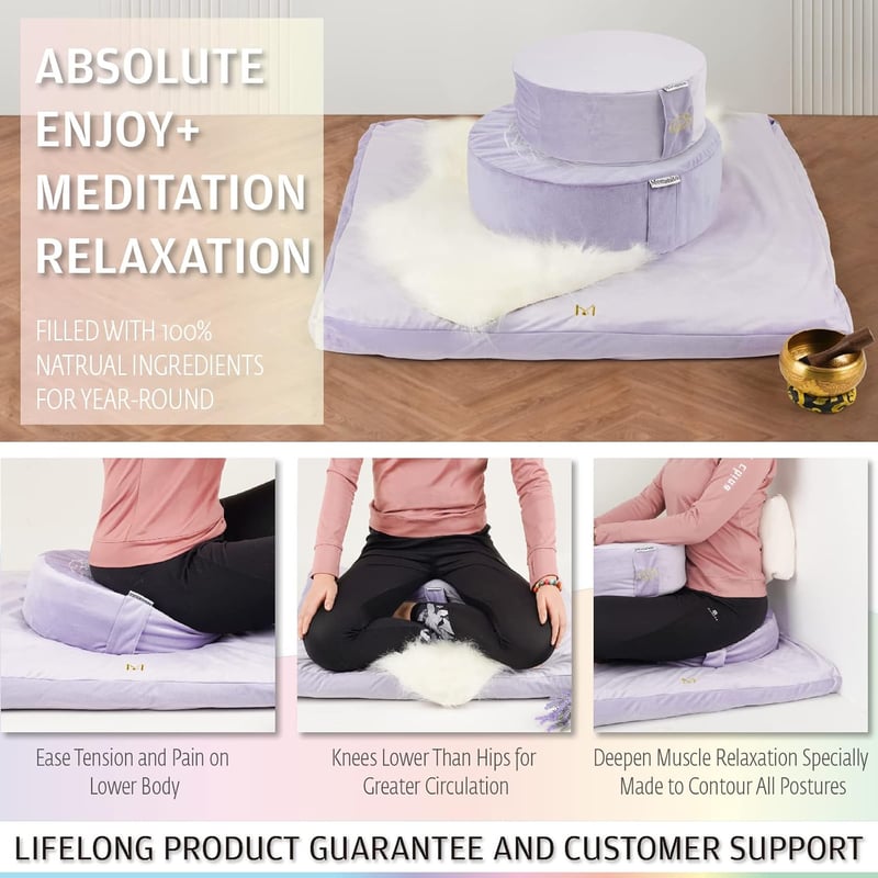 Hihealer Meditációs Párna Bársony Huzattal és Memory Foam-mal - Kényelmes Jóga Ülőpárna Hajdinahéj Töltettel, Narancs, 40x40x13 cm