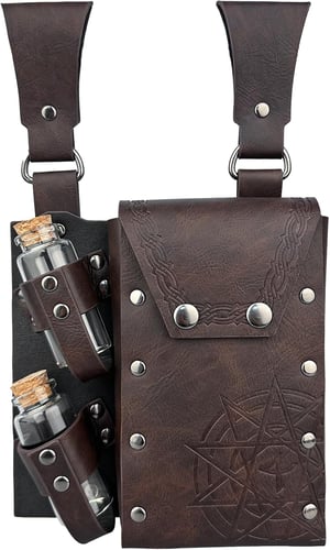 HiiFeuer Geantă de centură medievală de alchimist din piele ecologică cu 4 sticle de poțiune de plută - Sac de talie maro fantasy pentru evenimente LARP
