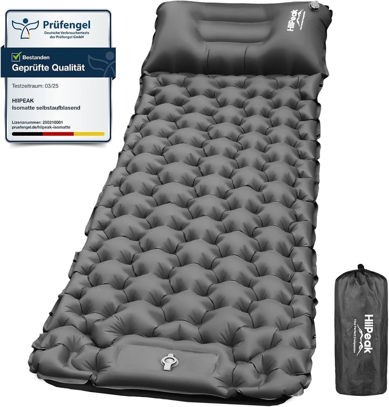 Saltea de camping gonflabilă HiiPeak cu pernă integrată și pompă de picior - gri
