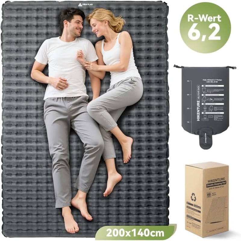 HIKENTURE Kétszemélyes Kempingmatrac 6.2 R-Értékkel - 8 cm Vastag Felfújható Matrac 140x200 cm, 4 Évszakos Túramatrac Kempingezéshez, Túrázá
