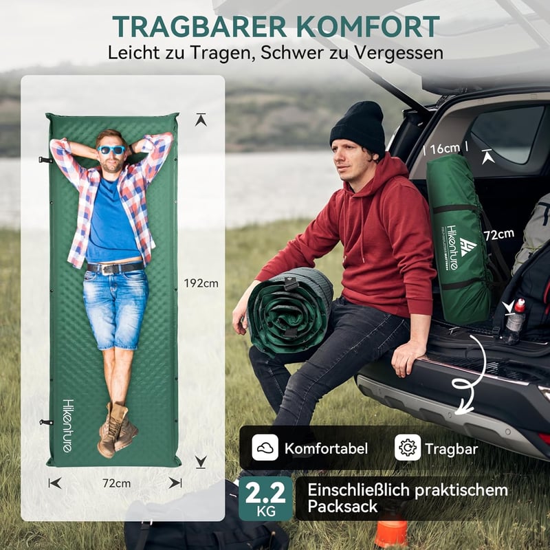 HIKENTURE Önfelfújó Kempingmatrac 5 cm Vastag, Kétszeleppel, Sötétzöld Habszivacs Matrac Kempingezéshez, Túrázáshoz, Kültéri Alváshoz, 192x7