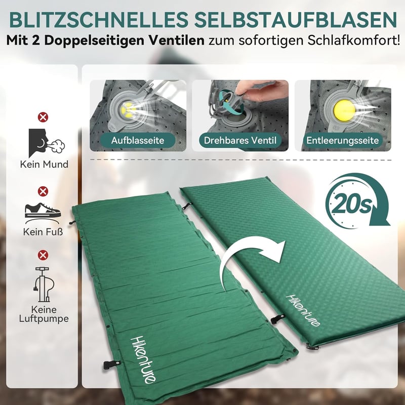 HIKENTURE Önfelfújó Kempingmatrac 5 cm Vastag, Kétszeleppel, Sötétzöld Habszivacs Matrac Kempingezéshez, Túrázáshoz, Kültéri Alváshoz, 192x7