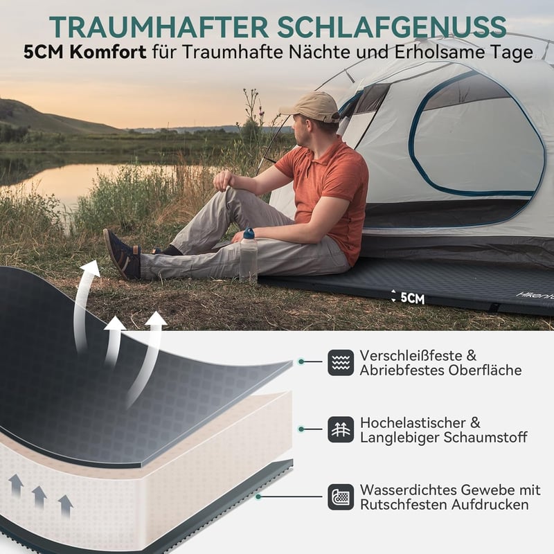 HIKENTURE Önfelfújó Kempingmatrac 5 cm Vastag, Túrázáshoz, Kültéri Alváshoz - Csúszásgátló PVC Habszivacs Matrac 150 kg Teherbírással, Sötét - Darkgray