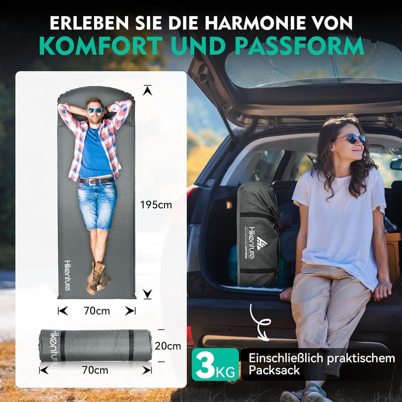 HIKENTURE 8 cm önfelfújó kemping matrac, kényelmes alvópad sátorhoz és túrázáshoz