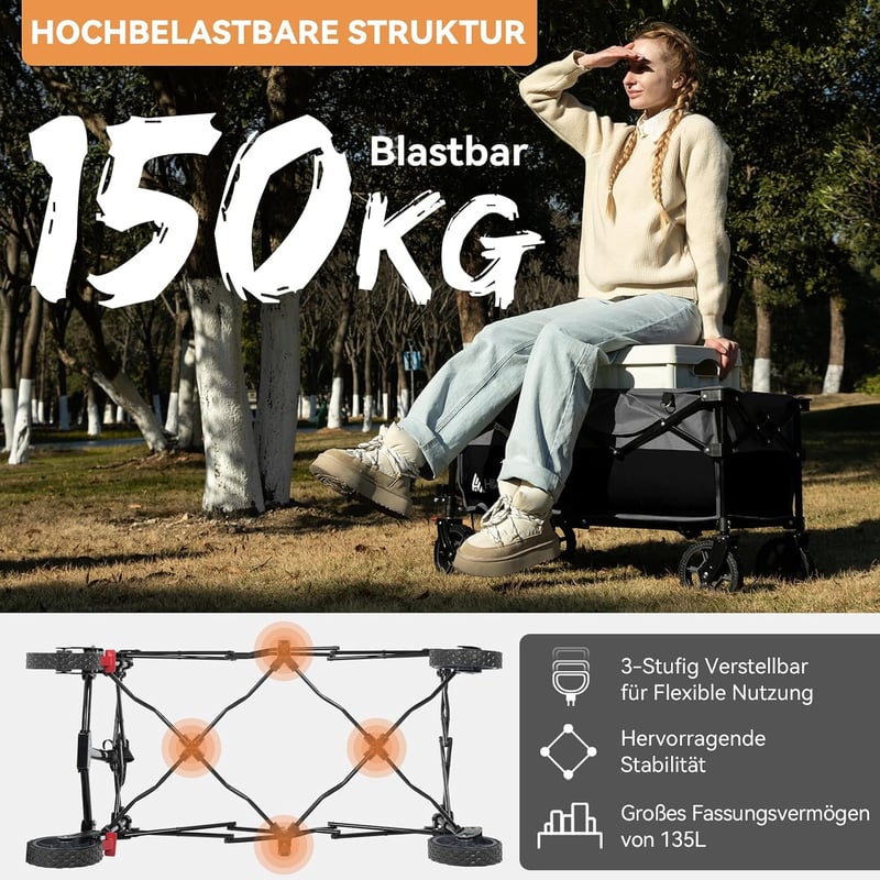 HIKENTURE összecsukható kézikocsi 135 l, 150 kg teherbírás