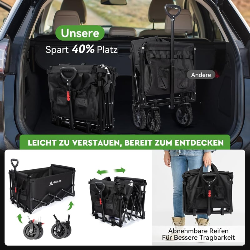 HIKENTURE összecsukható kézikocsi 140L 150kg teherbírás strand camping bevásárlás - Black