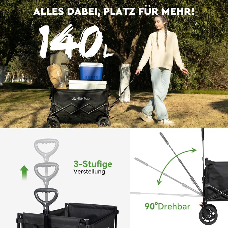 HIKENTURE összecsukható kézikocsi 140L 150kg teherbírás strand camping bevásárlás - Black