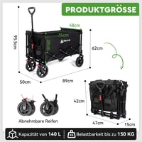 HIKENTURE összecsukható kézikocsi 140L 150kg teherbírás strand camping bevásárlás - Black 7