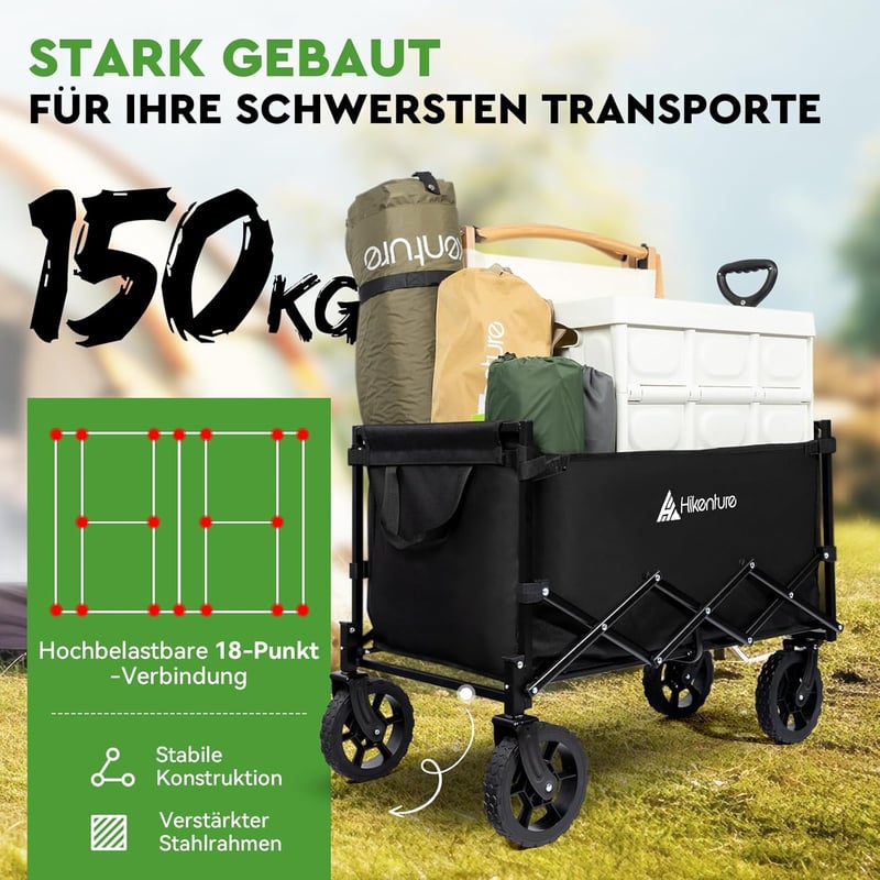 HIKENTURE összecsukható kézikocsi 140L 150kg teherbírás strand camping bevásárlás - Black