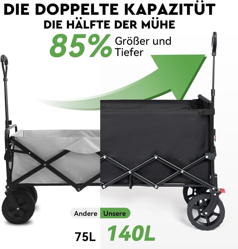 HIKENTURE összecsukható kézikocsi 140L 150kg teherbírás strand camping bevásárlás - Black