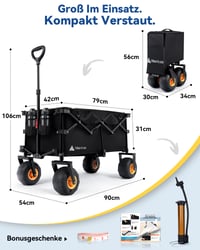 Skladací plážový vozík HIKENTURE 135 l, s nafukovacími kolesami 190x100 mm, nosnosť 150 kg, čierny – na kempovanie a do záhrady 7