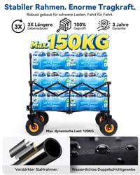 Skladací plážový vozík HIKENTURE 135 l, s nafukovacími kolesami 190x100 mm, nosnosť 150 kg, čierny – na kempovanie a do záhrady 5