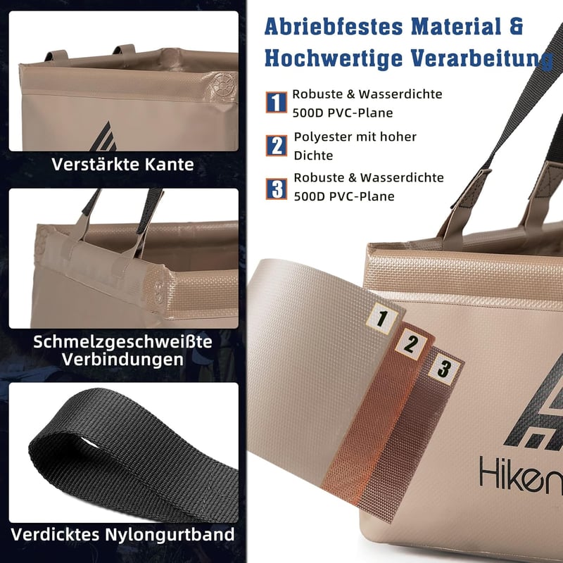 HIKENTURE összecsukható vödör 15L/20L kempinghez, horgászathoz, mosáshoz - 15L, Square Khaki