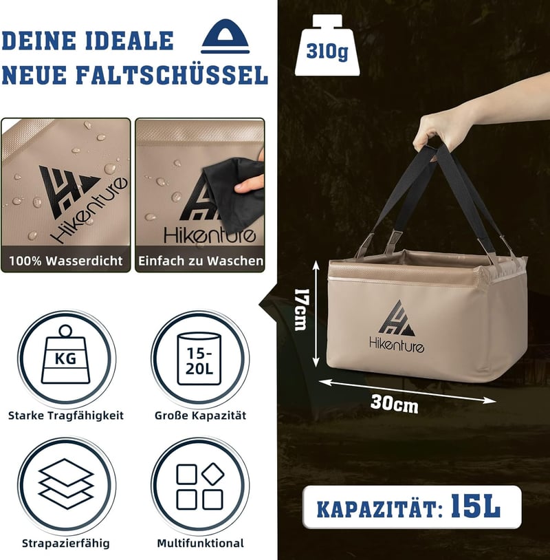 HIKENTURE összecsukható vödör 15L/20L kempinghez, horgászathoz, mosáshoz - 15L, Square Khaki