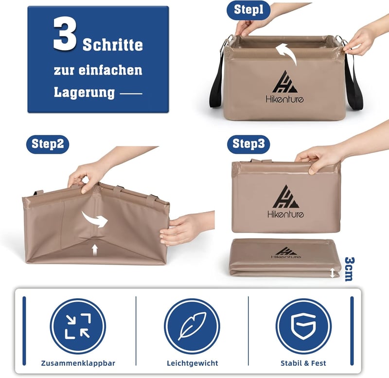 HIKENTURE összecsukható vödör 15L/20L kempinghez, horgászathoz, mosáshoz - 15L, Square Khaki