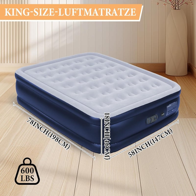 HikerSKY Önfelfújó Légágy King Size Beépített Pumpával, 198x147x45cm Kék