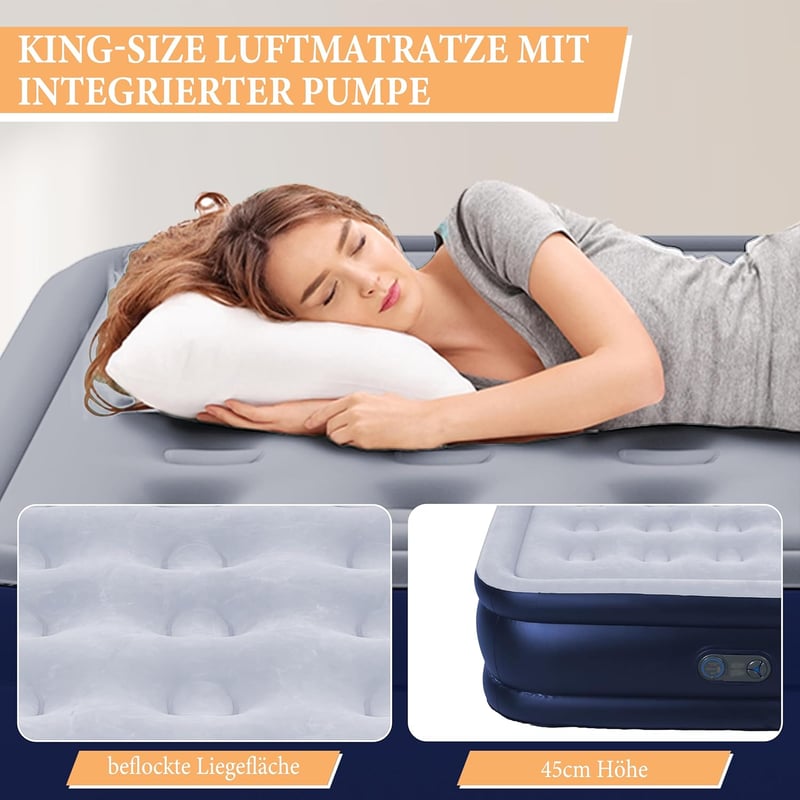 HikerSKY Önfelfújó Légágy King Size Beépített Pumpával, 198x147x45cm Kék