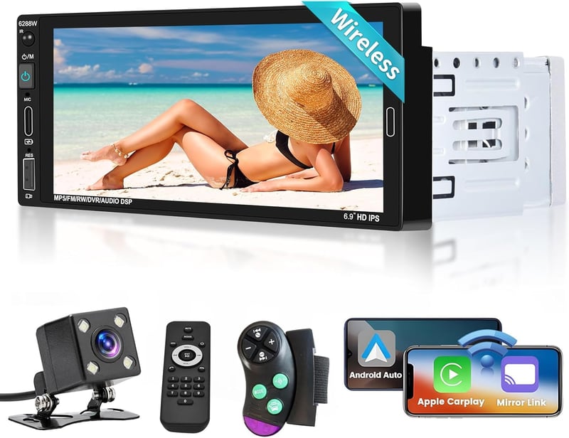 Hikity 1 Din Autórádió 6.9" Érintőképernyő Wireless CarPlay Android Bluetooth