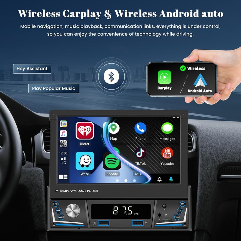Hikity 1 DIN Autórádió 7" Kihúzható Érintőképernyővel - Vezeték Nélküli CarPlay, Android Auto, Bluetooth, FM/AM, USB, Tolatókamera