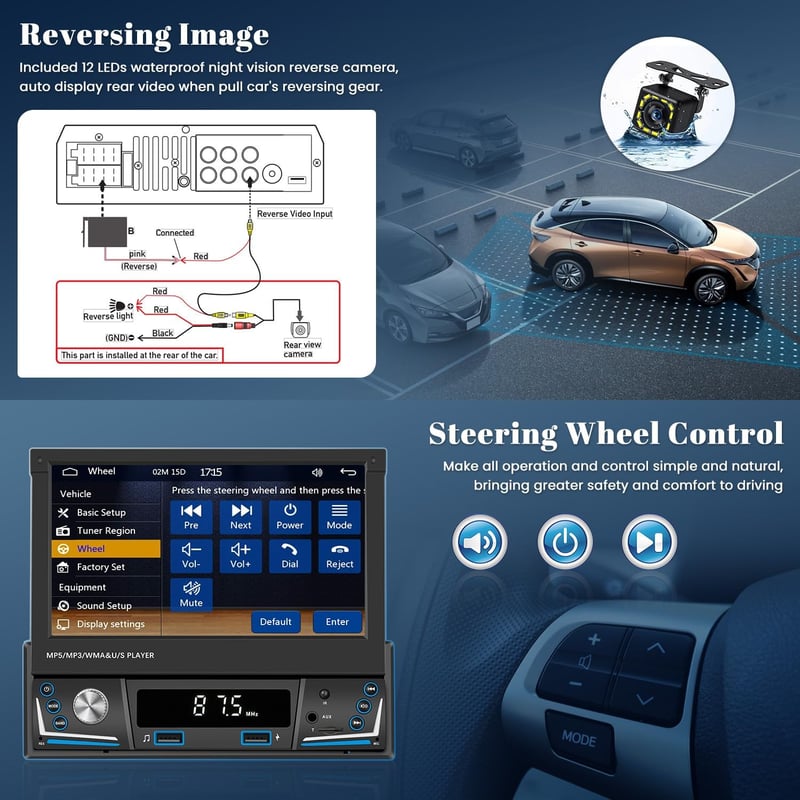 Hikity 1 DIN Autórádió 7" Kihúzható Érintőképernyővel - Vezeték Nélküli CarPlay, Android Auto, Bluetooth, FM/AM, USB, Tolatókamera