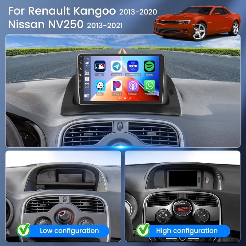 Hikity 2+64GB Android Autórádió Renault Kangoo 2013-2020 és Nissan NV250 2013-2021 - 9" Érintőképernyő, Vezeték Nélküli CarPlay, Bluetooth, 