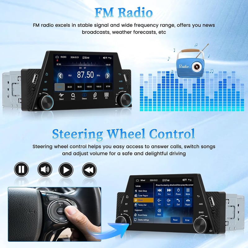 Hikity 5" Autórádió 1DIN Wireless CarPlay Android Érintőképernyős Bluetooth