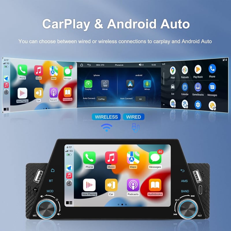 Hikity 5" Autórádió 1DIN Wireless CarPlay Android Érintőképernyős Bluetooth