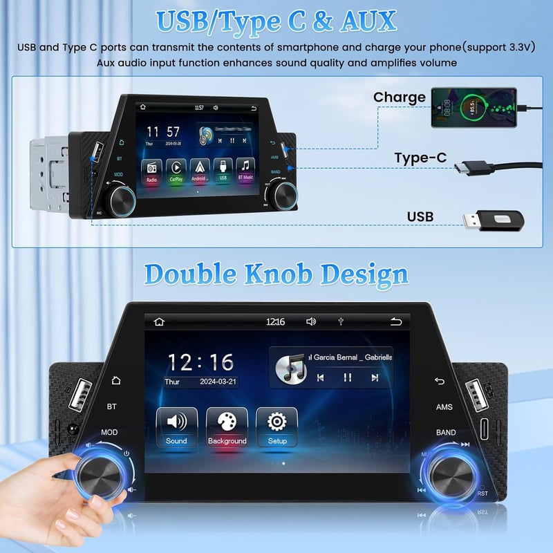 Hikity 5" Autórádió 1DIN Wireless CarPlay Android Érintőképernyős Bluetooth