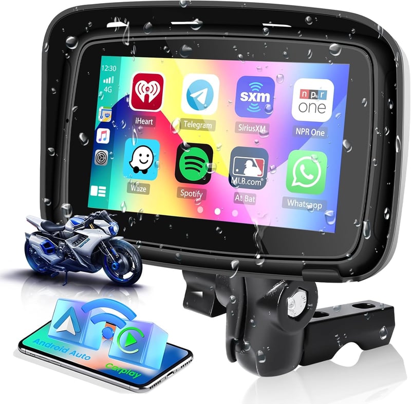 Hikity 5" Vízálló Motoros CarPlay Monitor - Kettős Bluetooth, Navigáció, Siri Támogatás, TF/USB Csatlakozás, Hordozható Autórádió Motorkerék