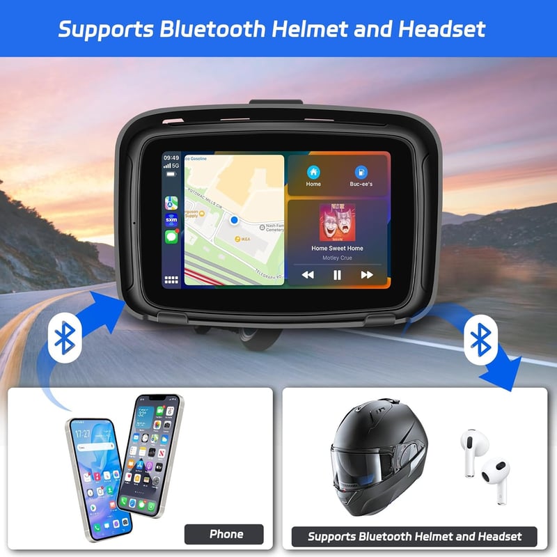Hikity 5" Vízálló Motoros CarPlay Monitor - Kettős Bluetooth, Navigáció, Siri Támogatás, TF/USB Csatlakozás, Hordozható Autórádió Motorkerék