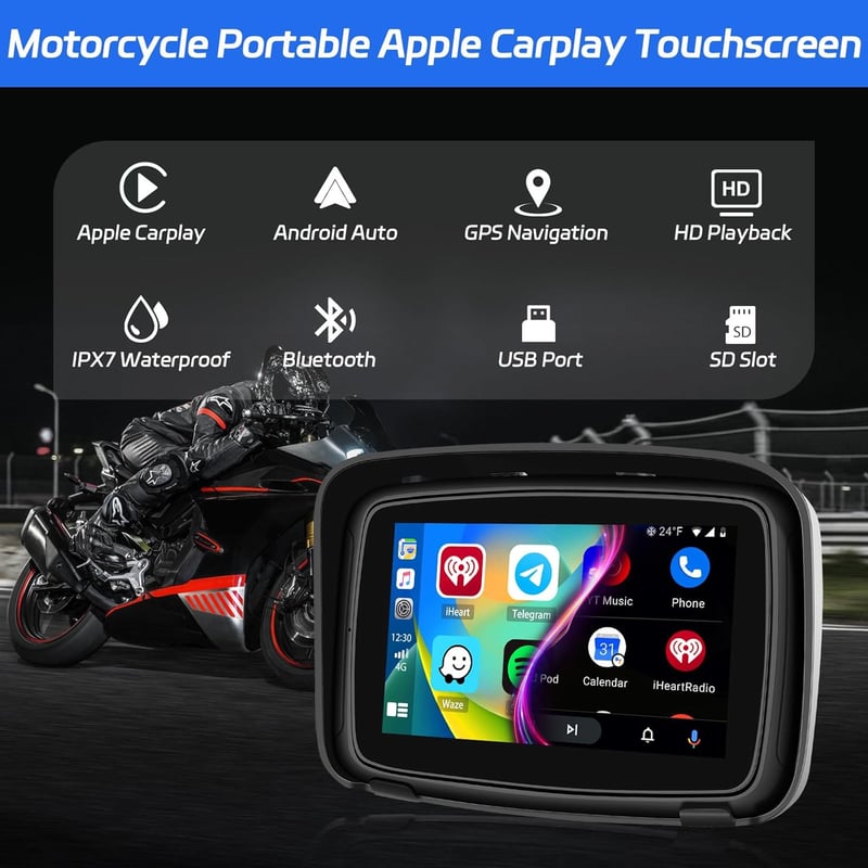 Hikity 5" Vízálló Motoros CarPlay Monitor - Kettős Bluetooth, Navigáció, Siri Támogatás, TF/USB Csatlakozás, Hordozható Autórádió Motorkerék