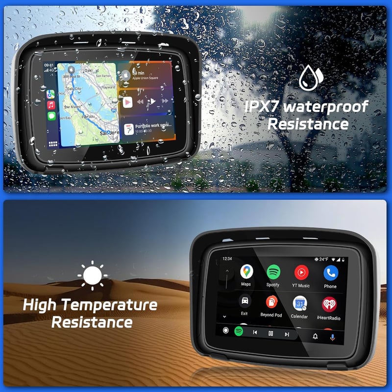 Hikity 5" Vízálló Motoros CarPlay Monitor - Kettős Bluetooth, Navigáció, Siri Támogatás, TF/USB Csatlakozás, Hordozható Autórádió Motorkerék