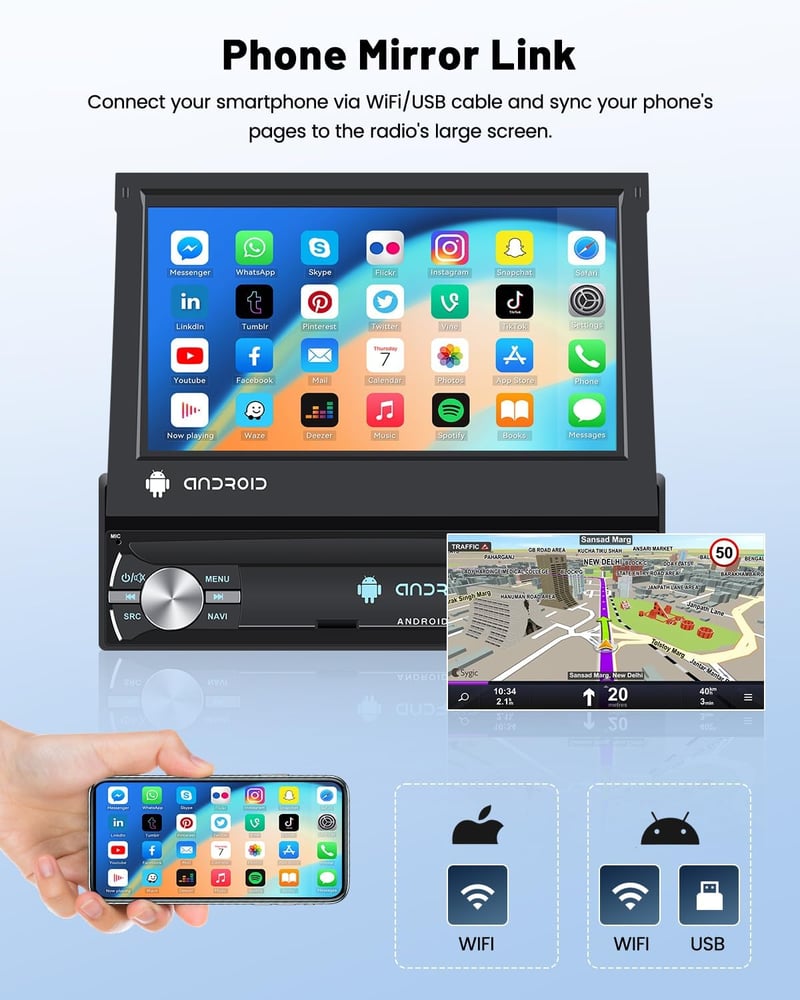 Hikity Android 1 DIN Autórádió 7" Kihúzható Érintőképernyővel - 2GB RAM, 64GB, GPS, WiFi, DAB+, Bluetooth, FM, Tolatókamera