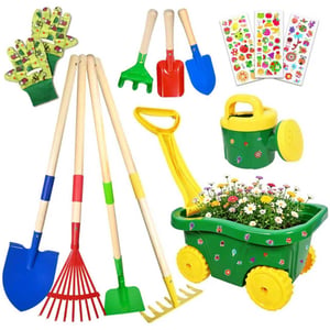 Set de unelte de grădină pentru copii HILKKET, 13 piese – Lopată, greblă, stropitoare, mănuși, autocolante – Verde