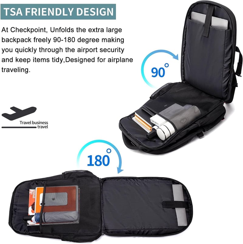 HILUSEN 50L Férfi Hátizsák USB Töltőporttal, 17.3" Laptop Táska, Utazás és Munka - Black