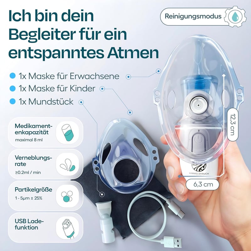 HIMMELSHAUCH MEDICAL Ultrahangos Inhalátor - Csendes Porlasztó Felnőtteknek és Gyermekeknek, Maszk Szettel, Kompakt Méretű, Hordozható