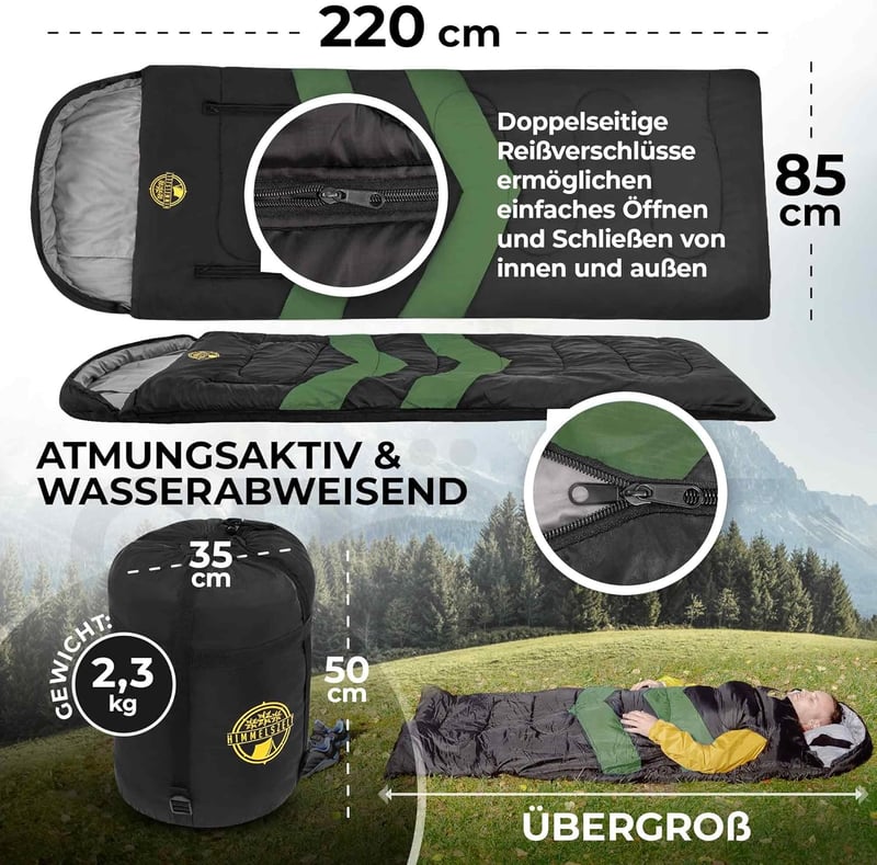 HIMMELSZELT XXL Hálózsák 4 Évszakos Kültéri Kemping -5°C/+10°C Vízlepergető Technológia 220x85cm Fekete-Zöld Túrázás Fesztivál Horgászat