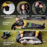 HIMMELSZELT XXL Hálózsák 4 Évszakos Kültéri Kemping -5°C/+10°C Vízlepergető Technológia 220x85cm Fekete-Zöld Túrázás Fesztivál Horgászat 5
