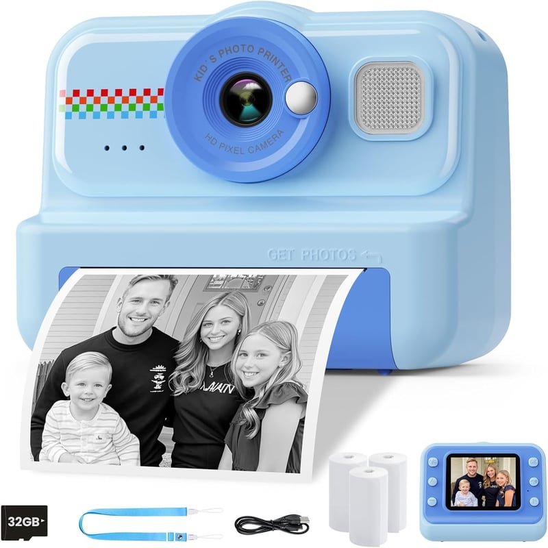 HiMont Gyermek Instant Fényképezőgép 1080P - 32GB Kártyával és 3 Tekercs Nyomtatópapírral, Kék Digitális Kamera 3-12 Éves Gyerekeknek