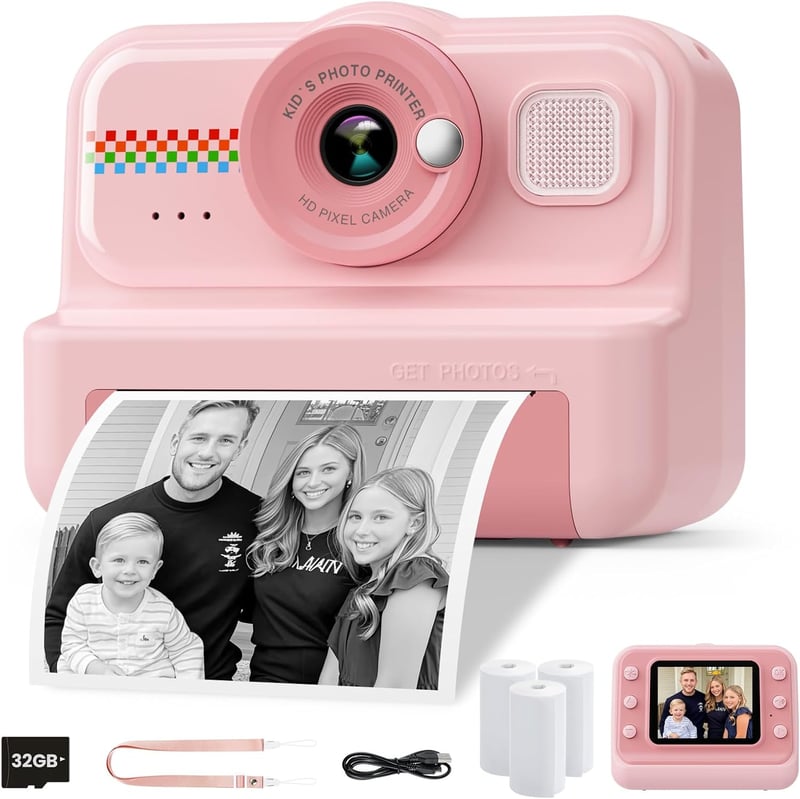 HiMont Gyermek Instant Fényképezőgép 1080P - 32GB Kártyával és 3 Tekercs Nyomtatópapírral, Rózsaszín Digitális Kamera 3-12 Éves Gyerekeknek