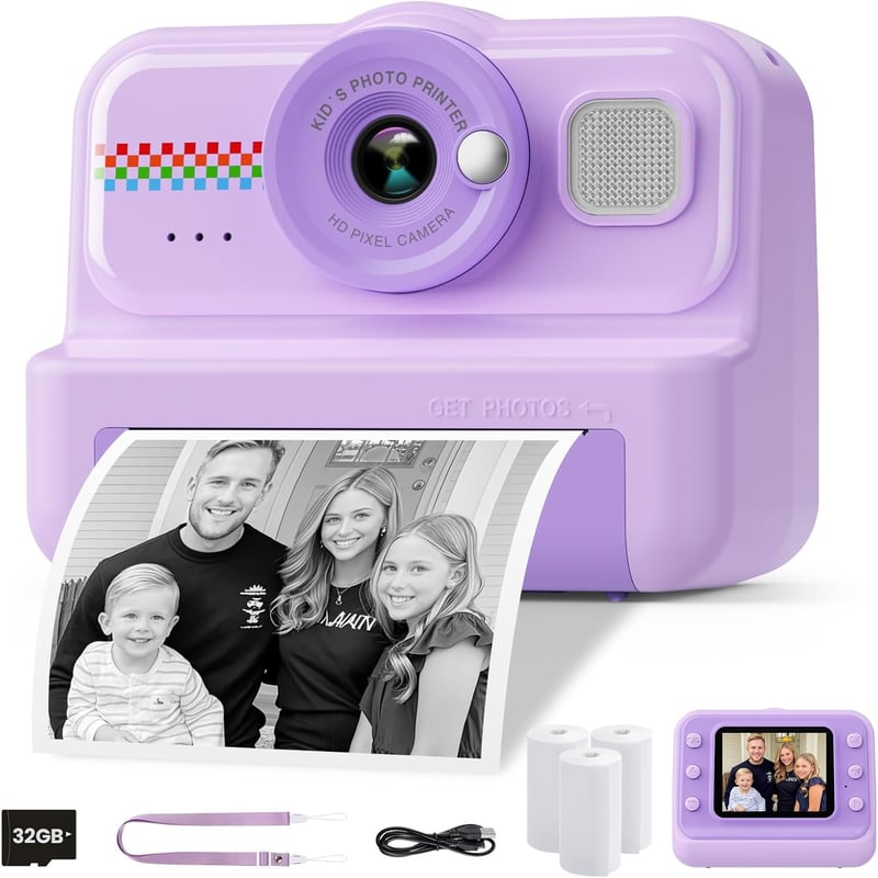 HiMont Gyermek Instant Fényképezőgép 1080P - 32GB Kártyával és 3 Tekercs Nyomtatópapírral, Játék Kamera 3-12 Éves Fiúknak és Lányoknak