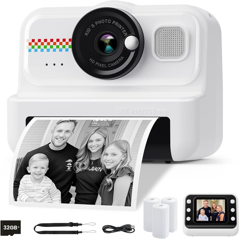HiMont Gyermek Instant Fényképezőgép 1080P - 32GB Kártyával és 3 Tekercs Nyomtatópapírral, Játék Kamera 3-12 Éves Fiúknak és Lányoknak